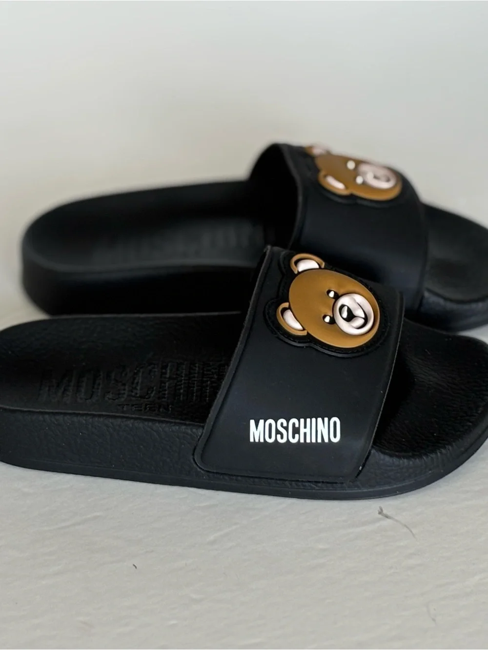 Moschino Black Kids Slide Sandals with Brown Bear Motif